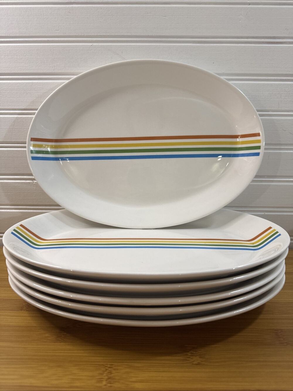 Syracuse China 6 Syralite Oval Dinner Plates SPECTRUM Pattern Rainbow Stripe